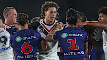 Mark Nawaqanitawase and Roosters teammates in a scrap with Warriors players.