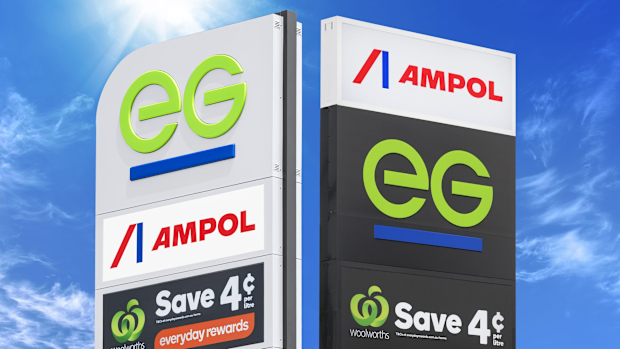 EG Group petrol station signs with the Ampol logo.