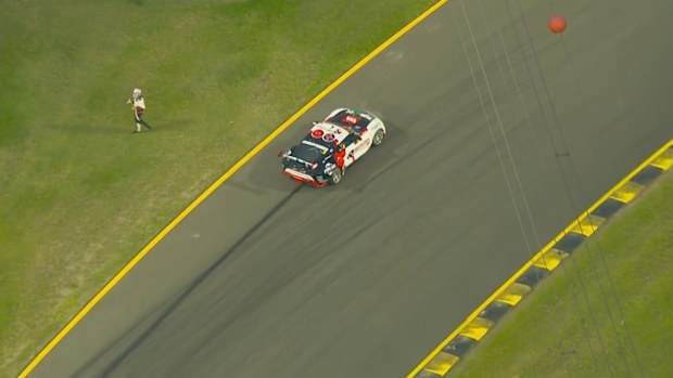 The engine in the Toyota Supra of Andre Heimgartner blew in spectacular fashion early in Saturday night's Supercars race.