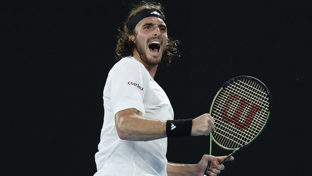 Stefanos Tsitsipas of Greece celebrates after winning a point during the fourth round singles match against Jannik Sinner of Italy. (Photo by Daniel Pockett/Getty Images)