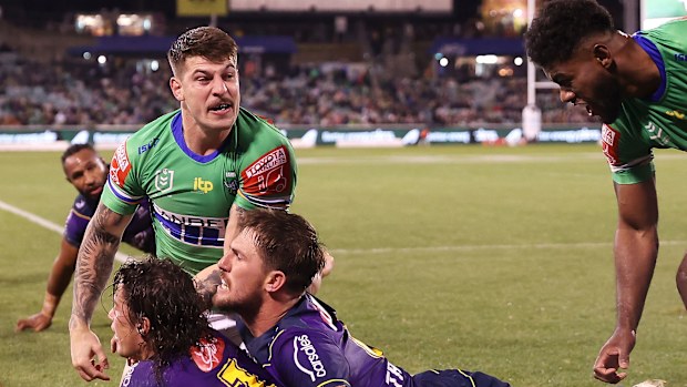 Curtis Scott of the Raiders celebrates a try only to have it disallowed during the round 11 match against the Storm.