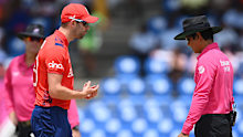 Mark Wood of England reacts after taking a catch to dismiss Quinton de Kock of South Africa which is later given not out.