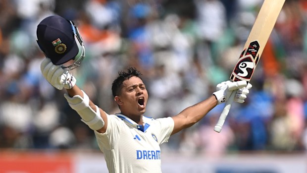 India batsman Yashasvi Jaiswal celebrates after reaching his double century during day four of the 3rd Test Match between India  and England at Saurashtra Cricket Association Stadium on February 18, 2024 in Rajkot, India. (Photo by Gareth Copley/Getty Images)