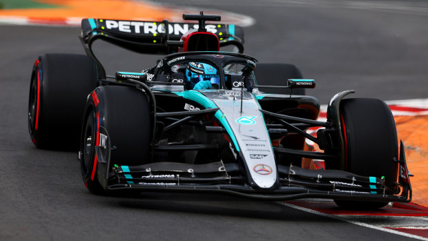 George Russell of Great Britain driving the (63) Mercedes AMG Petronas F1 Team W15 on track during qualifying ahead of the F1 Grand Prix of Canada at Circuit Gilles Villeneuve on June 08, 2024 in Montreal, Quebec. (Photo by Clive Rose/Getty Images)