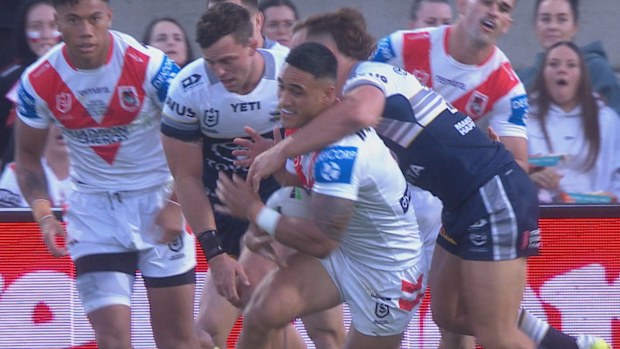 Reuben Cotter is sent to the sin bin for a professional foul on Valentine Holmes.