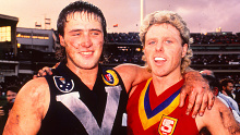 Tony Lockett and Dermott Brereton of Victoria pose after  the 1989 State of Origin match between Victoria and South Australia at the MCG, 1989.