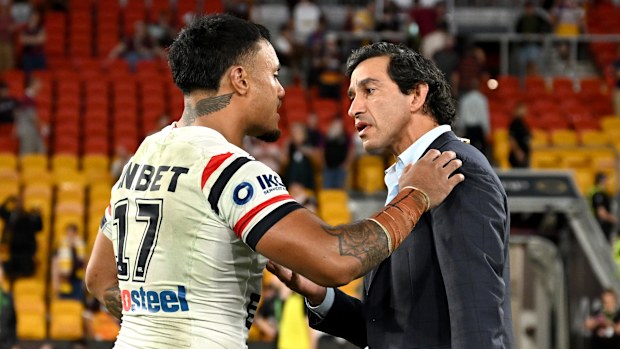 Johnathan Thurston and Spencer Leniu clashed after the Roosters win over the Broncos at Suncorp Stadium.