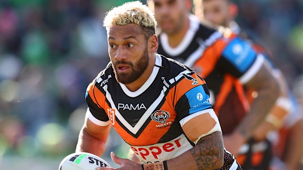 CANBERRA, AUSTRALIA - AUGUST 30: Apisai Koroisau of the Tigers in action during the round 26 NRL match between Canberra Raiders and Wests Tigers at GIO Stadium, on August 30, 2025, in Canberra, Australia. (Photo by Mark Nolan/Getty Images)