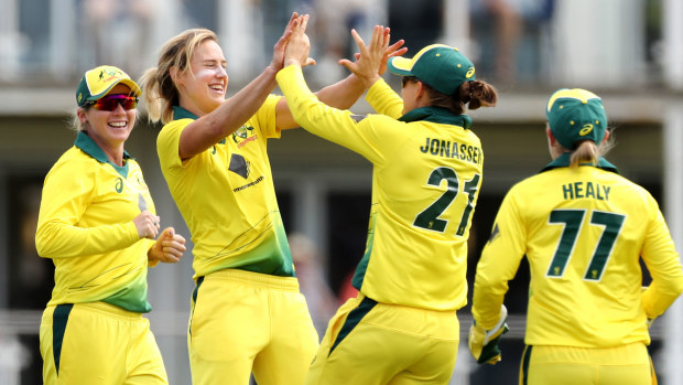 Ellyse Perry celebrates one of her seven wickets in the third ODI against England.