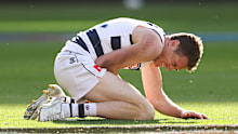 A visibly pained Jeremy Cameron during the AFL grand final.
