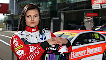 Simona De Silvestro (left) and Renee Gracie with their Ford Falcon they raced in the 2015 Bathurst 1000.