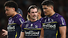 SYDNEY, AUSTRALIA - OCTOBER 05: Ryan Papenhuyzen of the Storm reacts after a Broncos try during the NRL Grand Final match between the Melbourne Storm at Brisbane Broncos at Accor Stadium on October 05, 2025, in Sydney, Australia. (Photo by Cameron Spencer/Getty Images)