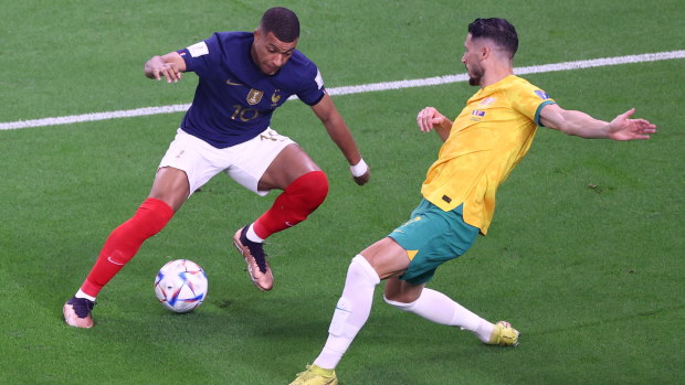 Kylian Mbappe (10) of France in action against Mathew Leckie (7) of Australia. (Photo by Evrim Aydin/Anadolu Agency via Getty Images)