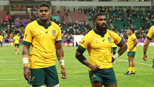 Isi Naisarani and Marika Koroibete of Australia after losing to England at the 2019 Rugby World Cup.