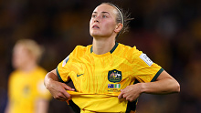 BRISBANE, AUSTRALIA - JULY 27: Caitlin Foord of Australia shows dejection after the team's 2-3 defeat in the FIFA Women's World Cup Australia & New Zealand 2023 Group B match between Australia and Nigeria at Brisbane Stadium on July 27, 2023 in Brisbane / Meaanjin, Australia. (Photo by Elsa - FIFA/FIFA via Getty Images)
