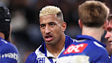 SYDNEY, AUSTRALIA - AUGUST 15: Viliame Kikau of the Bulldogs looks dejected during the round 24 NRL match between Sydney Roosters and Canterbury Bulldogs at Allianz Stadium on August 15, 2025 in Sydney, Australia. (Photo by Cameron Spencer/Getty Images)