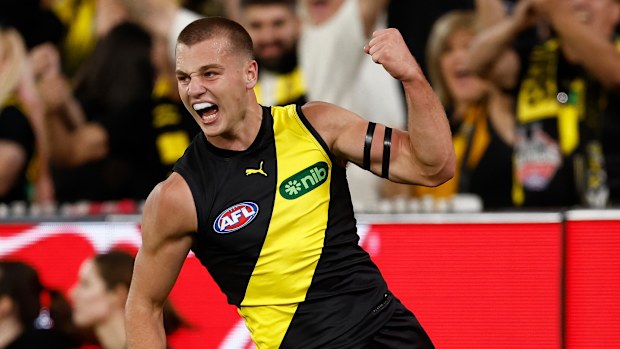 Sam Lalor of the Tigers celebrates his first league goal.