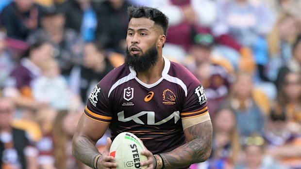 Payne Haas of the Broncos in action during the round 16 NRL match between Brisbane Broncos and Cronulla Sharks at Suncorp Stadium, on June 22, 2025, in Brisbane, Australia. (Photo by Bradley Kanaris/Getty Images)