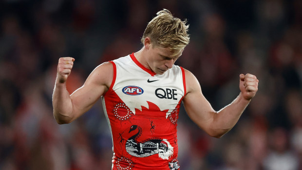 Isaac Heeney of the Swans celebrates during the 2024 AFL Round 11 match between the Western Bulldogs and the Sydney Swans at Marvel Stadium on May 23, 2024 in Melbourne, Australia. (Photo by Michael Willson/AFL Photos via Getty Images)