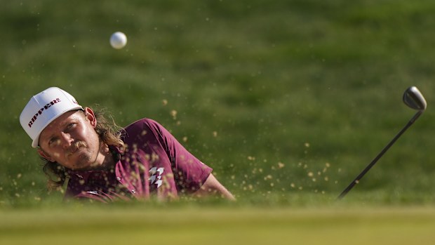 NEWTOWN SQUARE, PA - MAY 17: Cameron Smith hits out of the bunker for his third shot on the 16th hole during the final round of the PGA Championship at Aronimink Golf Club on Sunday, May 17, 2026 in Newtown Square, Pennsylvania. (Photo by Darren Carroll/PGA of America via Getty Images)