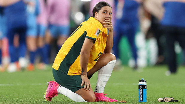 Sam Kerr of Australia looks dejected after the team's 1-3 defeat and elimination from the tournament following the FIFA Women's World Cup semi final match against England.