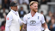 MANCHESTER, ENGLAND - JULY 27: England captain Ben Stokes reacts with Joe root after bowling during day five of the 4th Test Match between England and India at Emirates Old Trafford on July 27, 2025 in Manchester, England. (Photo by Stu Forster/Getty Images)