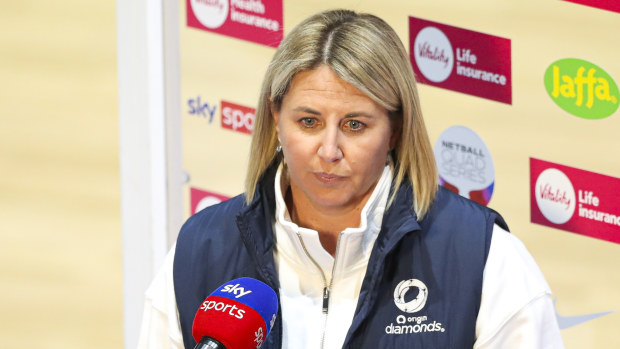 Diamond's coach Stacey Marinkovich speaks to the media after Australia were crowned champions at the Netball Quad Series in January.