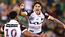Broncos star Payne Haas celebrates with Reece Walsh during the NRL Qualifying Final match between Canberra Raiders and Brisbane Broncos at GIO Stadium, on September 14, 2025, in Canberra, Australia. (Photo by Mark Nolan/Getty Images)