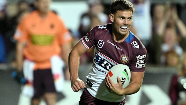 Joey Walsh strolls over for a try against the Broncos in round 10.