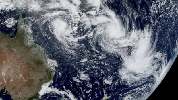 FILE - In this satellite image provided by CSU/CIRA & NOAA taken 1:10 GMT on Feb. 25, 2025, shows three cyclones, from left, Alfred, Seru and Rae east of Australia in the South Pacific. (CSU/CIRA & NOAA via AP, File)