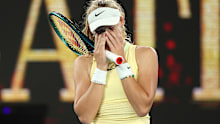 Mirra Andreeva celebrates winning match point in her round two Australian Open match against Ons Jabeur.