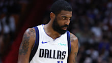 MIAMI, FLORIDA - APRIL 10: Kyrie Irving #11 of the Dallas Mavericks looks on against the Miami Heat during the second quarter of the game at Kaseya Center on April 10, 2024 in Miami, Florida. NOTE TO USER: User expressly acknowledges and agrees that, by downloading and or using this photograph, User is consenting to the terms and conditions of the Getty Images License Agreement. (Photo by Megan Briggs/Getty Images)