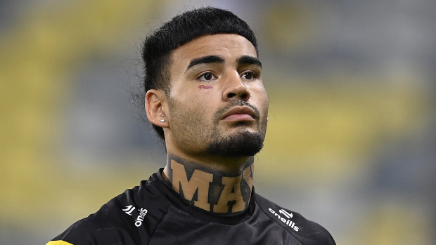 TOWNSVILLE, AUSTRALIA - APRIL 27: Taylan May of the Panthers looks on before the start of the round eight NRL match between North Queensland Cowboys and Penrith Panthers at Qld Country Bank Stadium, on April 27, 2024, in Townsville, Australia. (Photo by Ian Hitchcock/Getty Images)