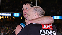 Travis Boak of the Power with Ken Hinkley after the win during the 2024 AFL Second Semi Final.