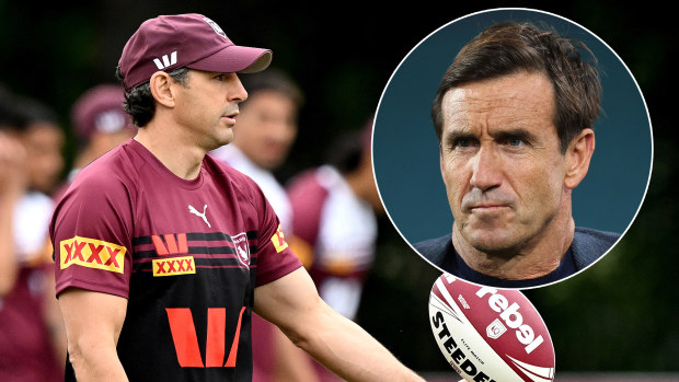 Maroons coach Billy Slater and Blues legend Andrew Johns.