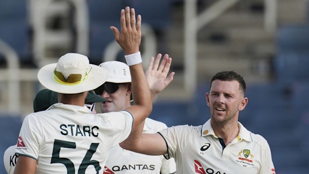 Josh Hazlewood and Mitchell Starc high-five each other during the third Test.