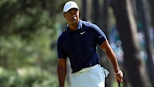 Tiger Woods looks on from the ninth tee during a practice round ahead of the Masters.
