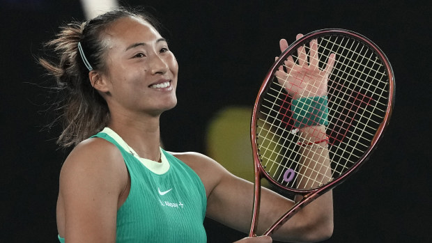 Zheng Qinwen of China reacts after defeating Oceane Dodin of France in their fourth round match at the Australian Open.