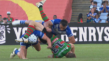 Cameron Murray lands on his head after a tackle from the Bulldogs.