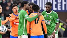 Players from Saint-Étienne and Olympique de Marseille engage in an argument in 2024. 