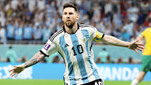 Lionel Messi of Argentina celebrates after scoring the team's first goal during the FIFA World Cup Qatar 2022 Round of 16 match between Argentina and Australia at Ahmad Bin Ali Stadium on December 03, 2022 in Doha, Qatar. (Photo by Francois Nel/Getty Images)