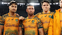 Quade Cooper of the Wallabies talks to teammates in a huddle after losing The Rugby Championship & Bledisloe Cup match against the All Blacks.