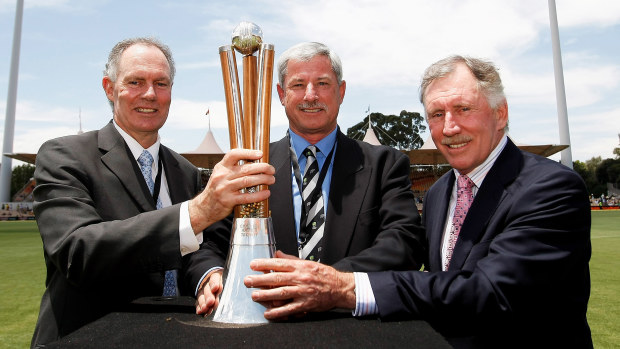 Greg Chappell, Sir Richard Hadlee and Ian Chappell pose with the Chappell-Hadlee trophy before  the start of the first Chappell-Hadlee Trophy one day international match between Australia and the New Zealand Black Caps at the Adelaide Oval on December 14, 2007 in Adelaide, Australia.