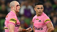 MELBOURNE, AUSTRALIA - MARCH 08:  Dylan Edwards of the Panthers is seen with blood on his face after an injury during the round one NRL match between Melbourne Storm and Penrith Panthers at AAMI Park on March 08, 2024, in Melbourne, Australia. (Photo by Quinn Rooney/Getty Images)