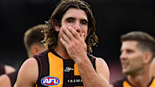 Young midfielder Jai Newcombe cut a frustrated figure after the heavy loss to Essendon in round one
