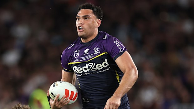 SYDNEY, AUSTRALIA - OCTOBER 06:  Xavier Coates of the Storm makes a break during the 2024 NRL Grand Final match between the Melbourne Storm and the Penrith Panthers at Accor Stadium on October 06, 2024, in Sydney, Australia. (Photo by Cameron Spencer/Getty Images)
