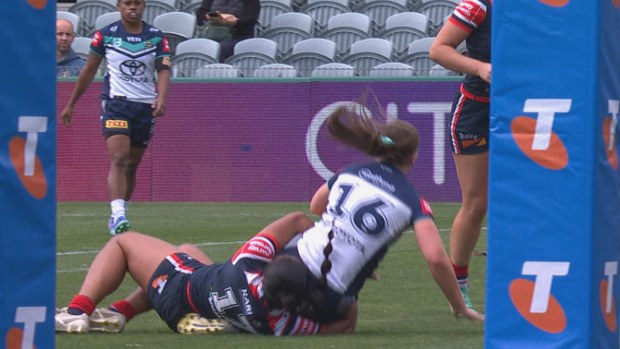 Eliza Lopamaua pinged for a hip drop tackle. NRLW Roosters v Cowboys