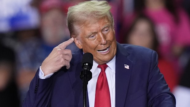 Republican presidential nominee former President Donald Trump speaks at a campaign rally at Van Andel Arena, Tuesday, Nov. 5, 2024, in Grand Rapids, Mich.