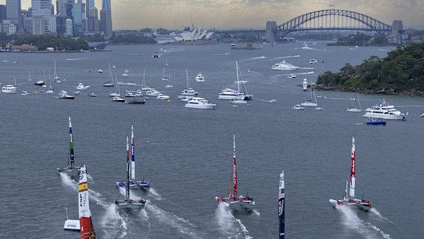 In this photo provided by SailGP teams compete on Sydney Harbour during race 1 of the Australia Sail Grand Prix in Sydney, Australia, Saturday Feb. 18, 2023. (Simon Bruty for SailGP via AP)