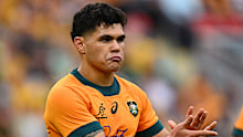 Noah Lolesio of the Wallabies reacts at Suncorp Stadium.